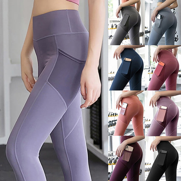 2020 Yoga Pants Stretchy Sport Leggings High Waist Tights Sport Pants Side Pockets Push Up Running Women Gym Fitness Leggings